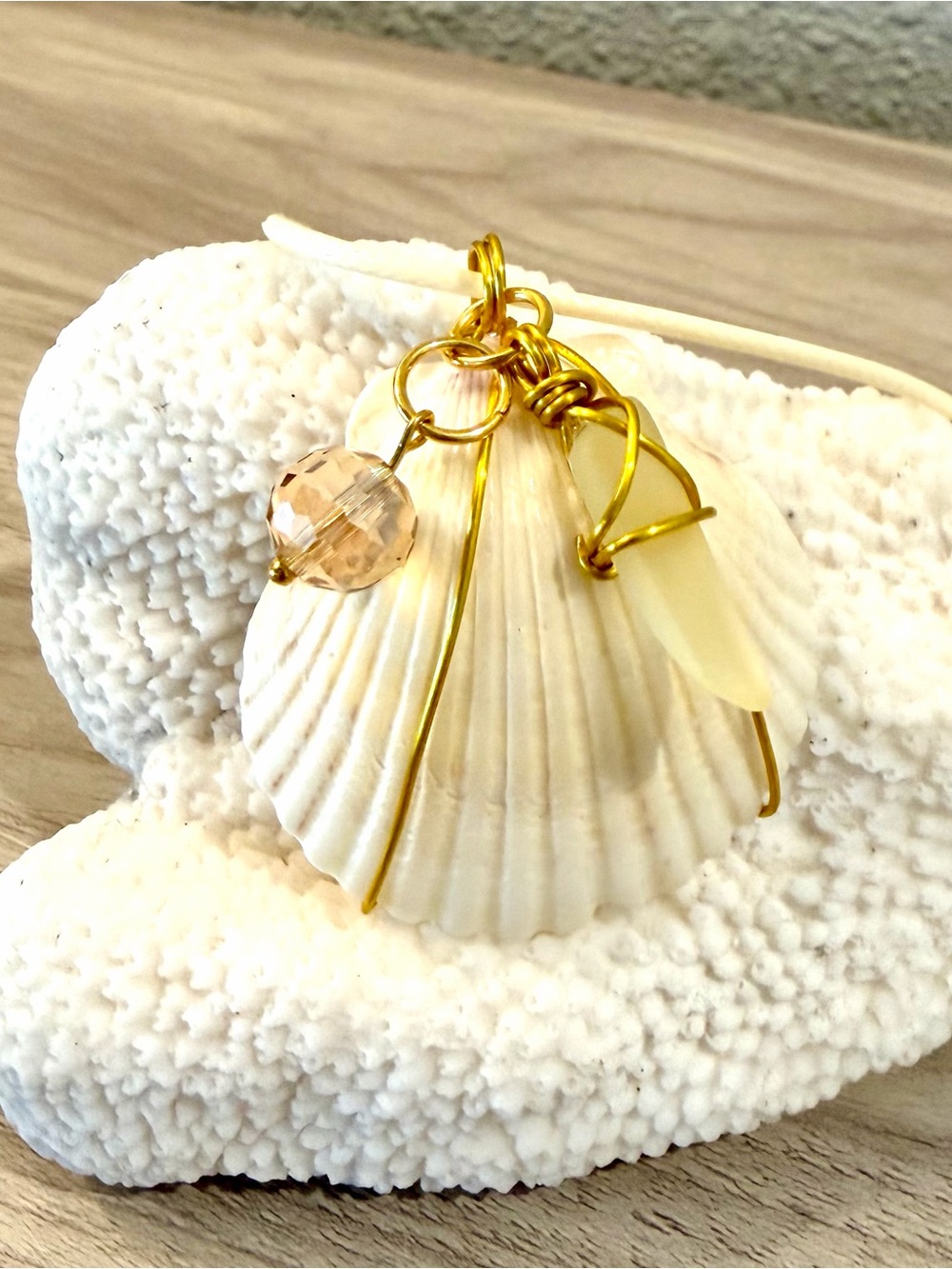 88. Gold Wire Wrapped Shell Pendant with Champagne Crystal and Yellow Sea glass